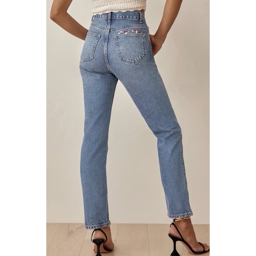 Reformation Cynthia Mushroom Jeans Womens 26 High Rise Straight Blue Embroidered